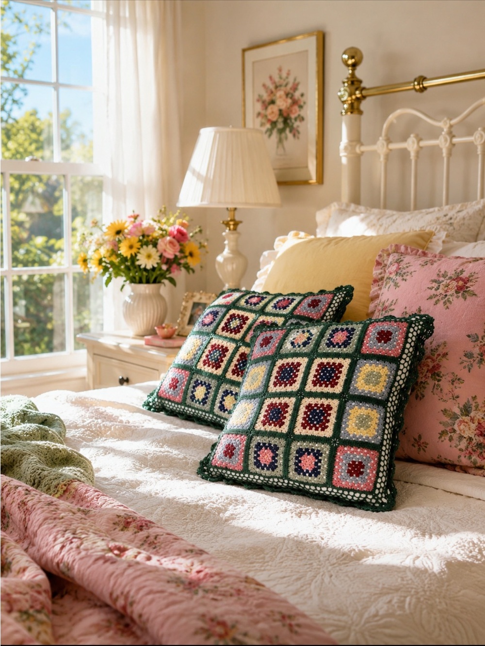 Vintage Keeco Pillows Crocheted Granny Squares Decor 18x18 "